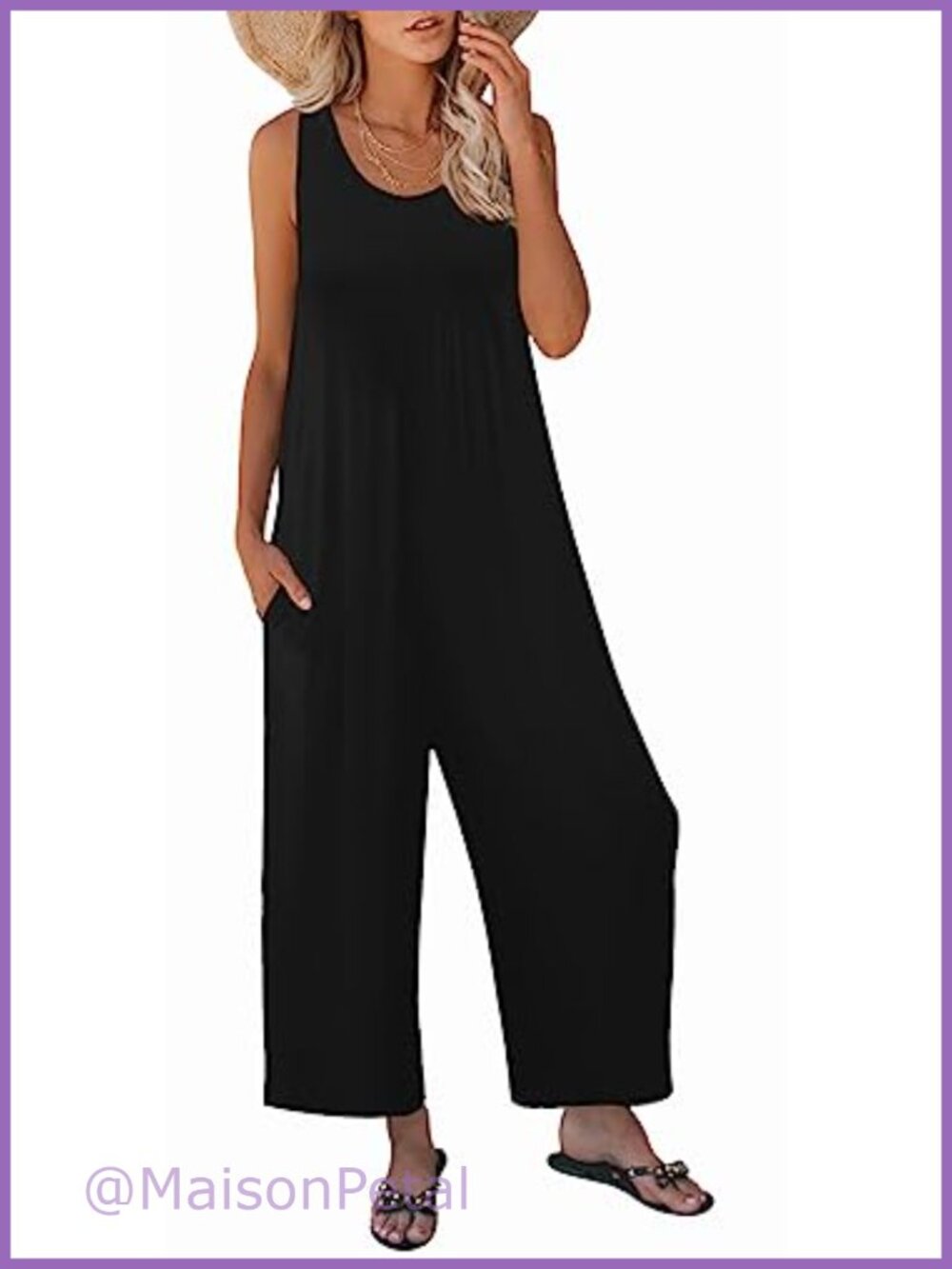 Sleeveless Crewneck Loose Wide Leg Jumpsuit with Pockets